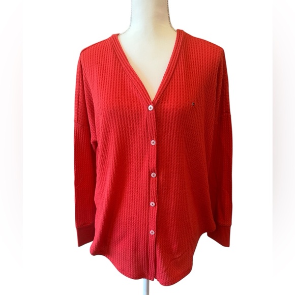 Tommy Hilfiger Red Waffle Knit Button Front Cardigan Sweater Size Medium - Picture 2 of 8